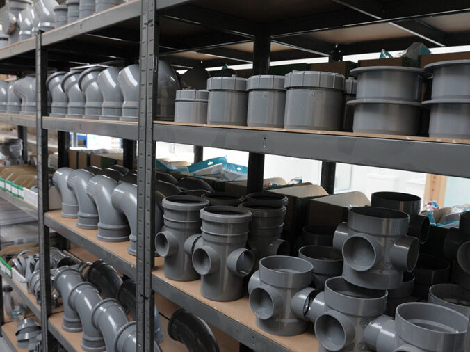 PVC pipe fittins in a plumbing supply warehouse