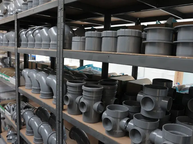 PVC pipe fittins in a plumbing supply warehouse