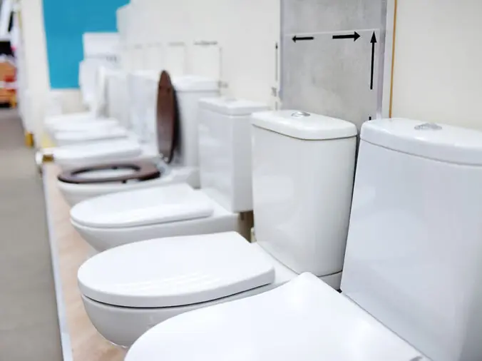 Toilets lined up in a plumbing supply showroom